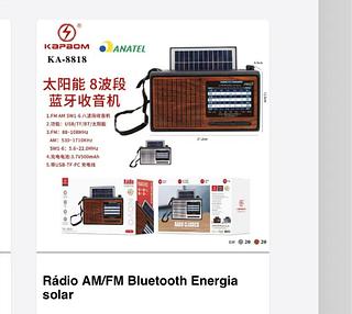 Rádio AM/FM USB bluetooth com solar