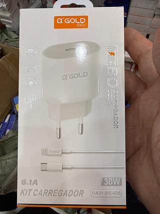 Kit Carregador Rápido Turbo 30W PD α'GOLD 6.1A Fonte USB-C + Cabo Type-C Lightning Compatível iPhone