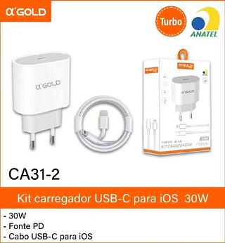 Kit Carregador Rápido Turbo 30W PD α'GOLD 6.1A Fonte USB-C + Cabo Type-C Lightning Compatível iPhone