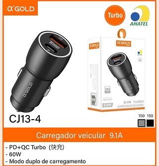 Fonte para carro USB e tipo-c turbo